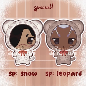 May include: Two sticker designs featuring cartoon characters in animal onesies. One is white with black hair and a red bow, the other is brown with a red bow. The text "special!" is at the top. The text "SP: Snow" and "SP: leopard" are at the bottom.