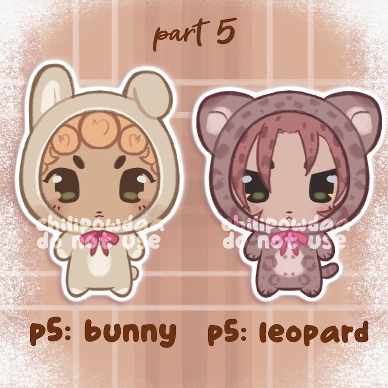 May include: Two cartoon character stickers. One is a bunny in a cream-colored outfit with a pink bow. The other is a leopard in a brown outfit with a pink bow. The text "part 5" is at the top.