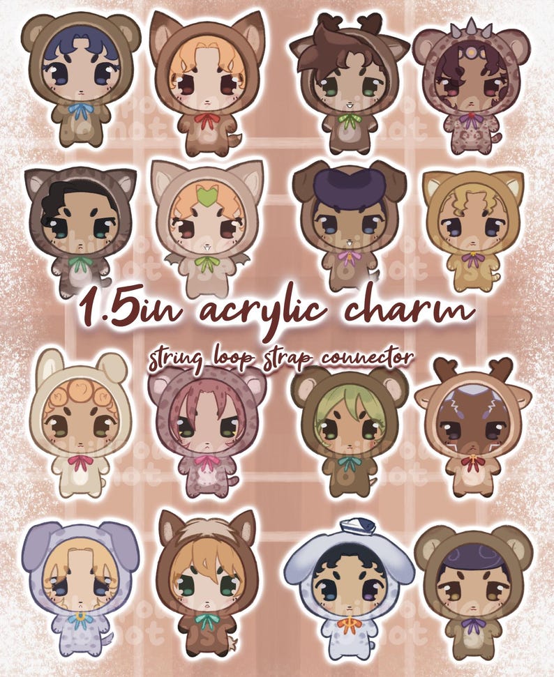 May include: A collection of 1.5-inch acrylic charms featuring anime-style characters in animal costumes. Each charm has a string loop strap connector. The characters are in various colors, including brown, tan, and purple.