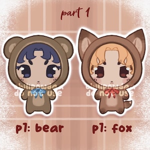 May include: Two cartoon-style character illustrations. One is a bear, the other a fox, both in brown hooded outfits. The bear has blue hair and a blue bow tie, while the fox has blonde hair and a red bow tie. The text "part 1" is at the top.