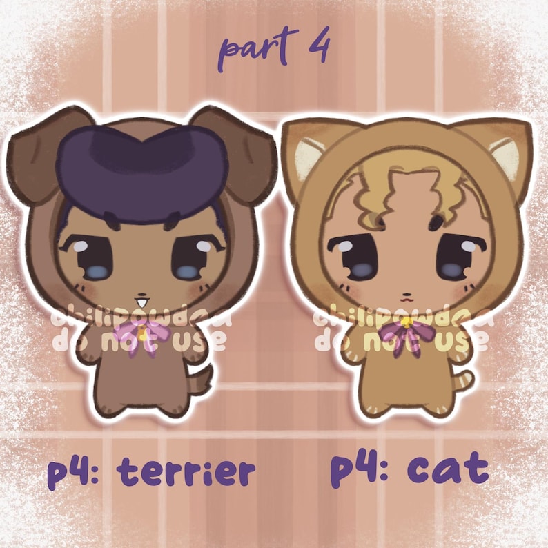 May include: Two cartoon illustrations of people in animal costumes. One is a terrier with a purple hat, the other is a cat. The text "part 4" is at the top, and "p4: terrier" and "p4: cat" are at the bottom.