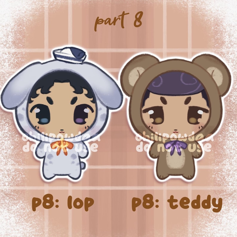 May include: Two cartoon character stickers. One is a white bunny with a sailor hat, the other is a brown teddy bear. Both have large eyes and are wearing costumes. Text at the bottom reads "p8: lop" and "p8: teddy". The background is a light brown grid.