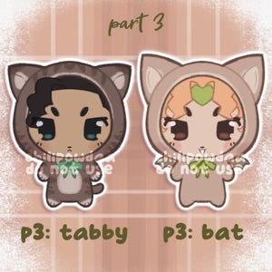 May include: Two cartoon character stickers. One is a tabby cat, the other a bat. Both are wearing animal costumes. The text "part 3" is at the top. The text "p3: tabby" and "p3: bat" are at the bottom.