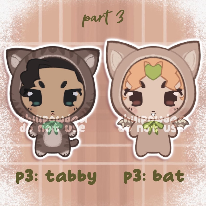 May include: Two cartoon character stickers. One is a tabby cat, the other a bat. Both are wearing animal costumes. The text "part 3" is at the top. The text "p3: tabby" and "p3: bat" are at the bottom.