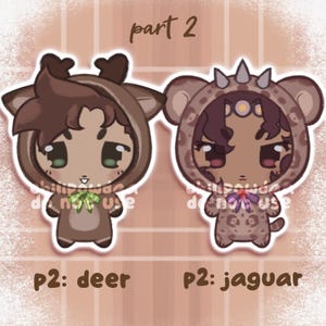 May include: Two cartoon illustrations of characters in animal costumes. The left character is dressed as a deer, and the right character is dressed as a jaguar. The text "part 2" is at the top, and the text "p2: deer" and "p2: jaguar" are at the bottom.