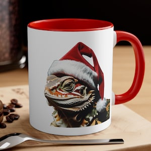 Bearded Dragon in Santa Hat Accent Coffee Mug, 11oz Beardie Lover Coffee Mug Hot Chocolate Mug Dragon Coffee Cup Hot Beverage Mug