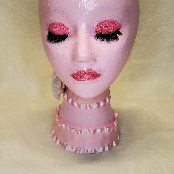 Uniquely Decorated Pink Styrofoam Female Mannequin Head with False Eyelashes - Ideal for Displaying Wigs, Hats, Headphones and More!