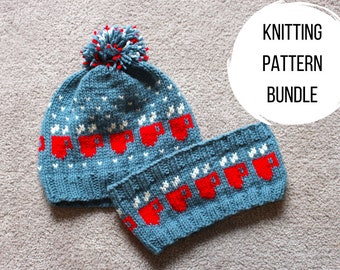 COZY MUG BUNDLE | Knitting Pattern Bundle Cozy Mug Hot Cocoa Tea Coffee Pom Pom Ear Warmer Women Winter Accessory Craft Digital Download pdf
