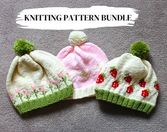 SPRING HAT BUNDLE | Knitting Pattern Trio Spring Blossom Tilda Heart Strawberry Hat Women Winter Accessory Craft Digital Download pdf