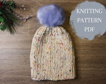 Basic Bulky Rib Beanie Hat | Easy Simple Basic Bulky Rib Hat Knitting Pattern Digital Download Unisex Pompom Winter Knit Beanie Hat PDF