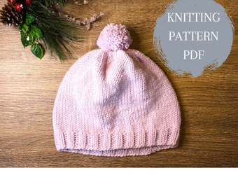 BASIC HAT | Easy Simple Basic Hat Knitting Pattern Digital Download Unisex Rib Pompom Winter Knit Hat PDF