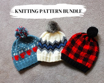 WINTER HAT BUNDLE | Knitting Pattern Cozy Mug Chevron Stripe Buffalo Plaid Hat Trio Women Winter Accessory Craft Digital Download pdf