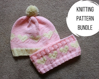 TINY HEART BUNDLE | Knitting Pattern Bundle Tilda Hat Tiny Heart Pom Pom Ear Warmer Women Winter Accessory Craft Digital Download pdf