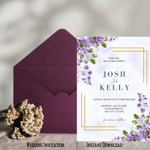 Purple Flower Floral Wedding Invitation | Editable Minimalist Wedding Invite | Modern Wedding Invite | Printable Wedding Invitation.