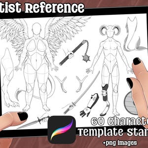 May include: A digital tablet screen displaying 60 character template stamps for artists. The screen shows a variety of character outlines, including a winged figure, a horned figure, and various weapons and accessories. The text "60 character template stamps + png images" is displayed at the bottom of the screen.