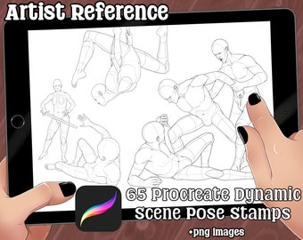Op de afbeelding: Een digitaal tabletscherm waarop 65 Procreate Dynamic Scene Pose Stamps worden weergegeven, met een hand die de tablet vasthoudt. Het scherm toont verschillende lijntekeningen van mensen in verschillende poses.