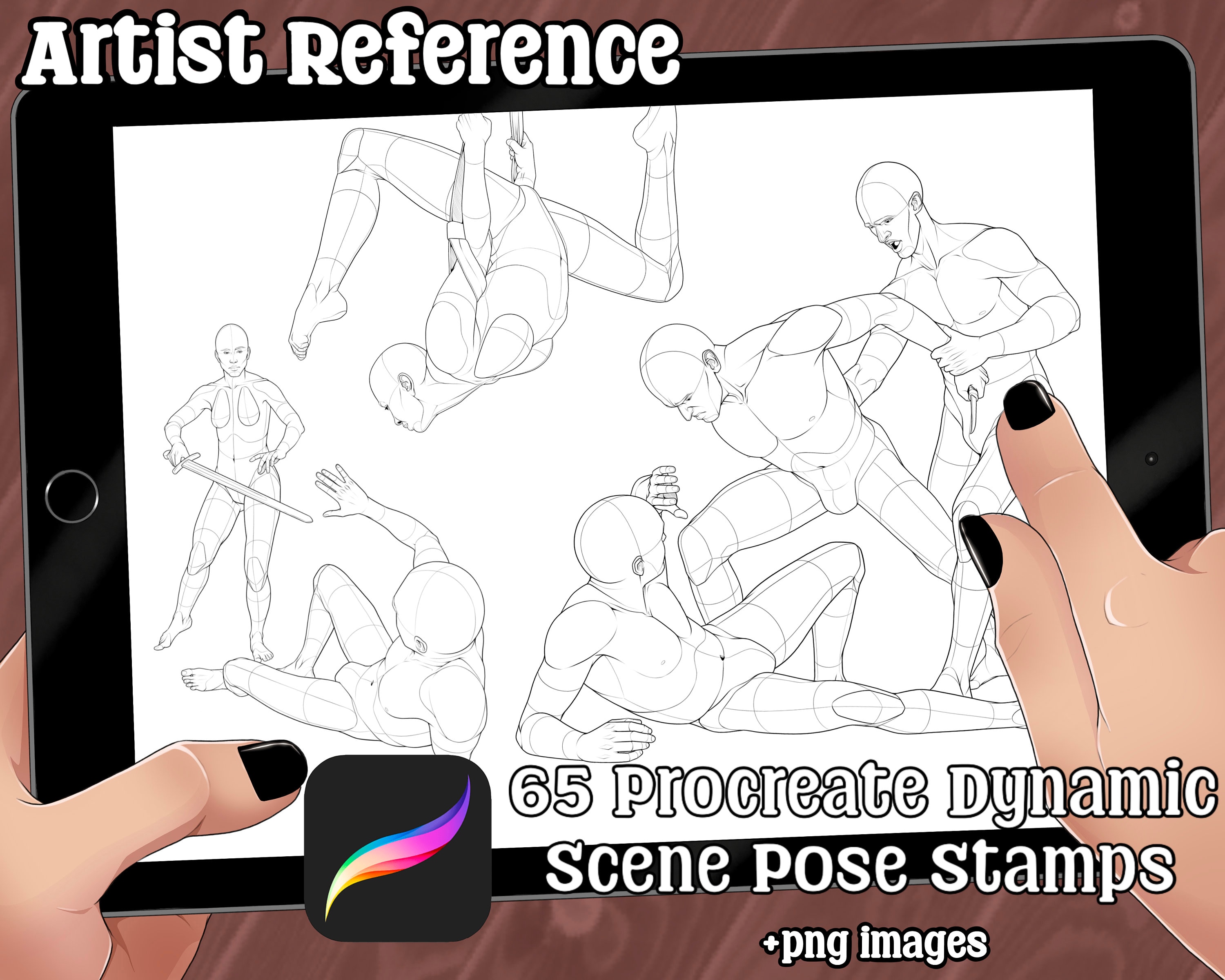 65 sellos de poses dinámicas para Procreate con PNG — Referencias de anatomía masculina, femenina, dúo y trío