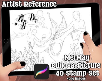 40 Procreate and .png MerMay Mermaid Underwater Stamp Anatomy Reference for Drawing + Shading Guides for Artists