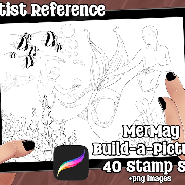 40 Procreate and .png MerMay Mermaid Underwater Stamp Anatomy Reference for Drawing + Shading Guides for Artists