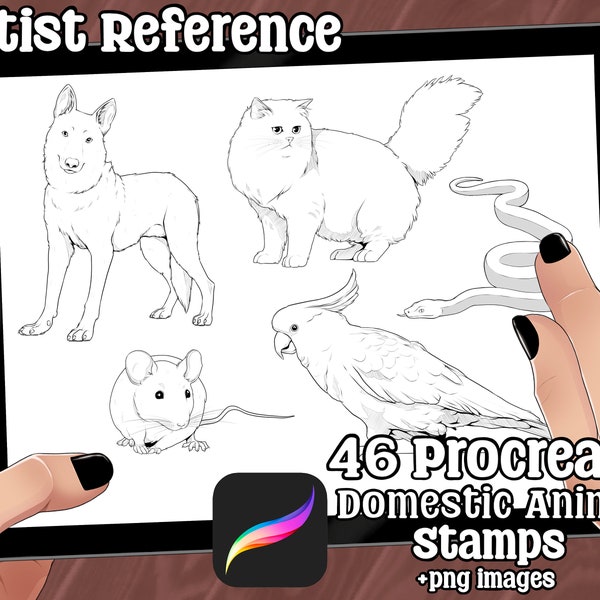 46 Procreate Domestic Animal Stamps Pets Farm Exotic Artist Reference + .png Images