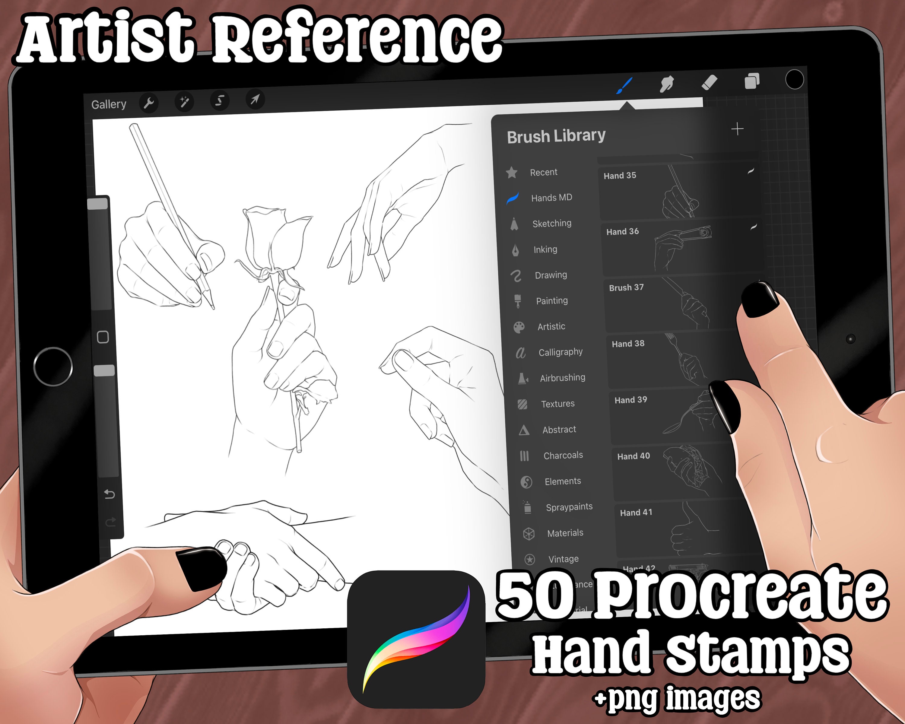 50 Hand Pose Stamps for Procreate + PNG Set | Artist Reference Drawing Brushes