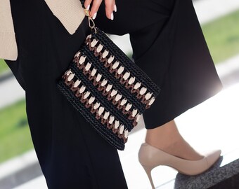 Bolso de paja crochet, bolsos de pulsera de rafia, clutch de noche, bolso hecho a mano, bolso de verano único, bolso negro de moda, regalos para ella