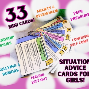Coping Skills Cards for Teen Girls: 33 Printable Anxiety & Friendship Advice Cards, DIY Keyring Social Emotional Learning Gift for Tweens