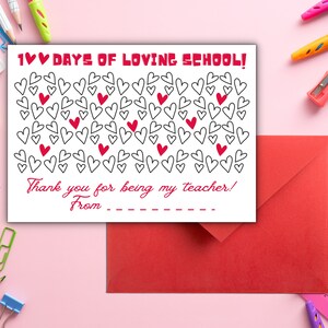 Printable 100 Days of School Teacher Appreciation Card w/envelope template| 5 x 7 Card for Teacher | Coloring Activity Card for Kids