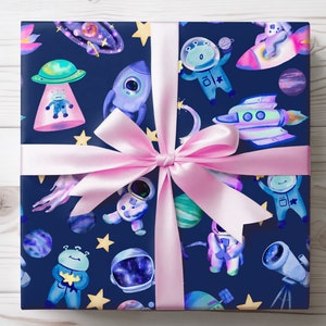 Space Wrapping Paper Roll and Sheets, Galactic Party Supplies and Decor, Galaxy Astronaut Gift for Kids, Cosmic Stars and Rocket Adventure