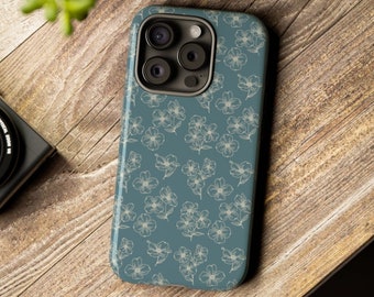 Elegant Floral Dogwood Teal Tough Phone Case, Nature Lover Gift, iPhone Plus Pro Max, Samsung Galaxy, Pixel, Pretty Flower Protective Cover