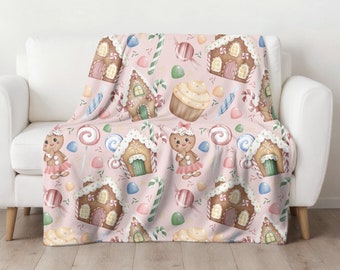 Gingerbread Christmas Pink Velveteen Plush Throw Blanket, Winter Holiday Seasonal Home Decor Accessories, Gingerbread House Candy Girls Gift