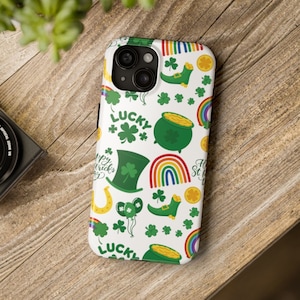 St Patrick&#39;s Day Clover Tough Phone Case, Shamrock Protective Device Cover, Lucky Green Rainbow iPhone Accessory Gift, Plus Pro Max 15, 14
