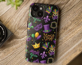 Mardi Gras Tough Phone Case, Venetian Mask Design, Festive New Orleans Protective Cover, iPhone 15 Pro Plus Max, Fleur De Lis Gift Accessory