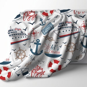 Cruise Ship Velveteen Plush Throw Blanket, Nautical Accessories and Home Decor, Travel Lover Gift for Kids and Adults,  Set Sail Souvenir