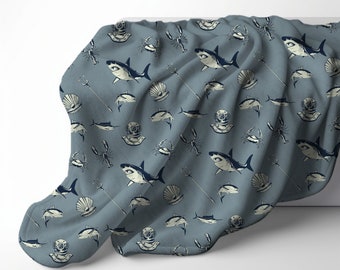 Shark Aquatic Life Velveteen Plush Throw Blanket, Nautical Bedding Home Decor, Ocean Theme Fathers Day Gift, Deep Sea Diving, Animal Lover,