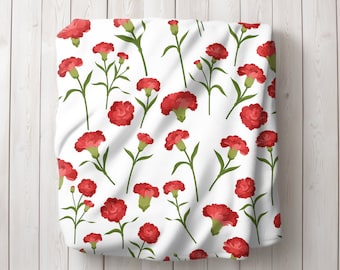 Red and White Floral Velveteen Plush Throw Blanket, Carnation Home Decor, Birthday, Valentine, Mother's Day, Housewarming Gift, Girl Bedding