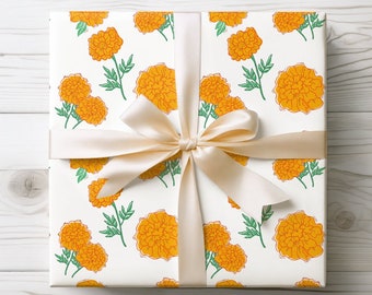 Floral Wrapping Paper Roll and Sheets, Yellow Marigold Gift, Dia De Los Muertos Party Supplies and Decor, Spring Birthday, Mother's Day