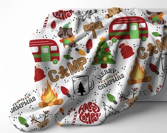Merry Campmas Christmas Camping Theme Velveteen Plush Blanket, Camp Gift RV Accessories for Inside, Outdoor and Nature Lover Gift, RV Gift