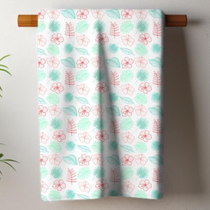 Floral Hibiscus Kitchen Tea Towel, Botanical Beach Home Decor, Island Hostess and Housewarming Gift, Cotton Decorative Dish Cloth, Palm Leaf