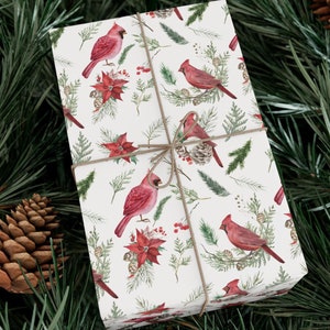 Cardinal Wrapping Paper Roll and Sheets, Vintage Style Christmas Party Supplies and Decor, Bird Lover Gift, Watercolor Winter Poinsettia