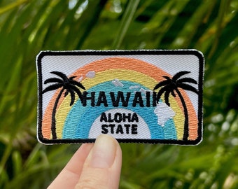Hawaii Embroidered Iron On Patch, Sew On Applique, Aloha State Souvenir, Travel Patch Jackets Bag, Backpack Accessory, Rainbow Embellishment