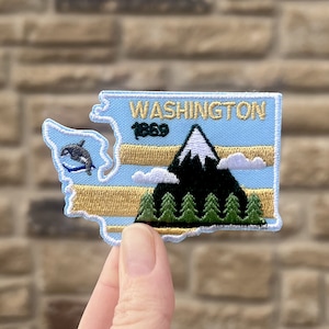 Washington Embroidered Iron On Patch, Sew On Applique, Travel Souvenir, PNW Hiker Gift, State Embellishment for Backpack, Jacket, Bag, Jeans