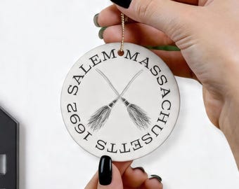 Salem Mass Ceramic Ornament Decoration, Spooky Witch Fall Decor, Classy Minimalist Black and White Halloween Tree Accessories, Vintage Style
