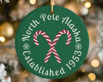 North Pole Alaska Christmas Tree Ornament, AK Souvenir, Travel Agent Holiday Keepsake Gift, Candy Cane Winter Home Decor, Housewarming