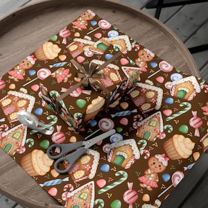 Christmas Gingerbread Gift Wrap, Winter Holiday Wrapping Paper Roll, Gingerbread House Candy Theme Party Supplies and Decor, Kids and Adults