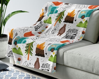 Camping Theme Velveteen Plush Blanket, Camp Blanket, Camping Gift RV Accessories for Inside, Outdoor Lover Gift, Nature Lover Gift, RV Gift