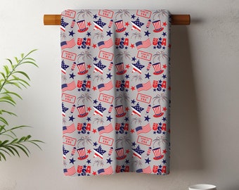 USA Patriotic Kitchen Tea Towel, Fireworks Stars Hostess and Housewarming Gift, Red, White, and Blue Home Decor, America Flag Dish Cloth