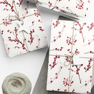 Vintage Holly Berry Wrapping Paper Roll and Sheet, Festive Red Berries Christmas Holiday Design, Antique Watercolor Style, Botanical Drawing