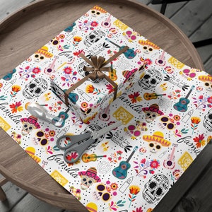 Dia De Los Muertos Day of the Dead Wrapping Paper, Sugar Skull Halloween Gift, Mexican Heritage Birthday Party Supplies and Decor, Fiesta