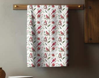 Bird Lover Kitchen Tea Towel, Red Cardinal Housewarming and Hostess Gift, Christmas Home Decor, Gift for Bird Watcher, Decorative Hand Towel